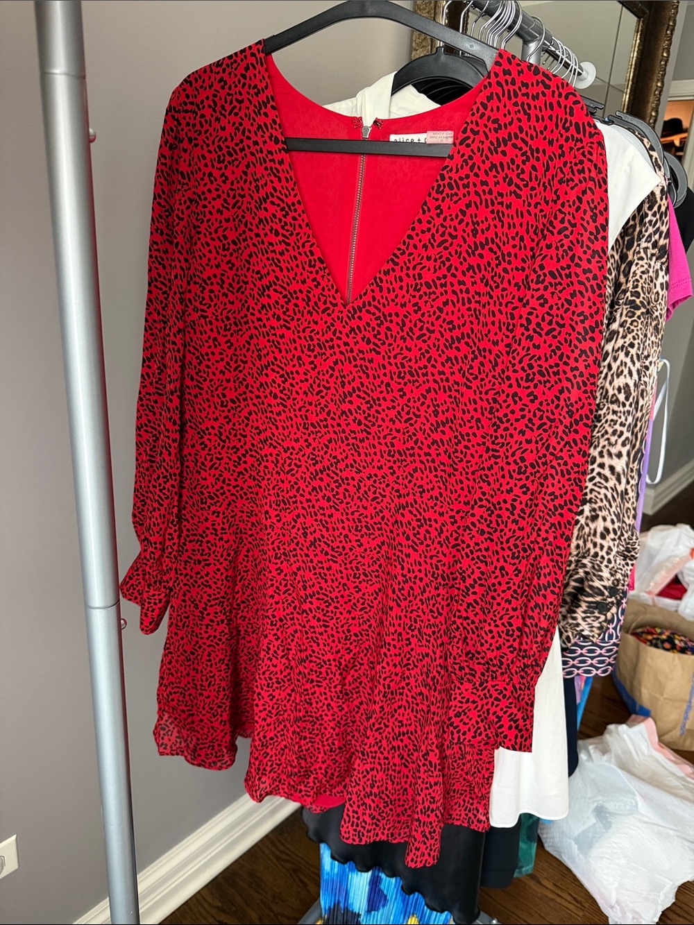 Alice + Olivia Red Mini Dress with Black Leopard Print